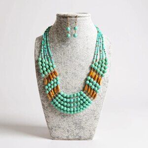 Five Layers turquoise lucite bead brown shell Necklace Earring set